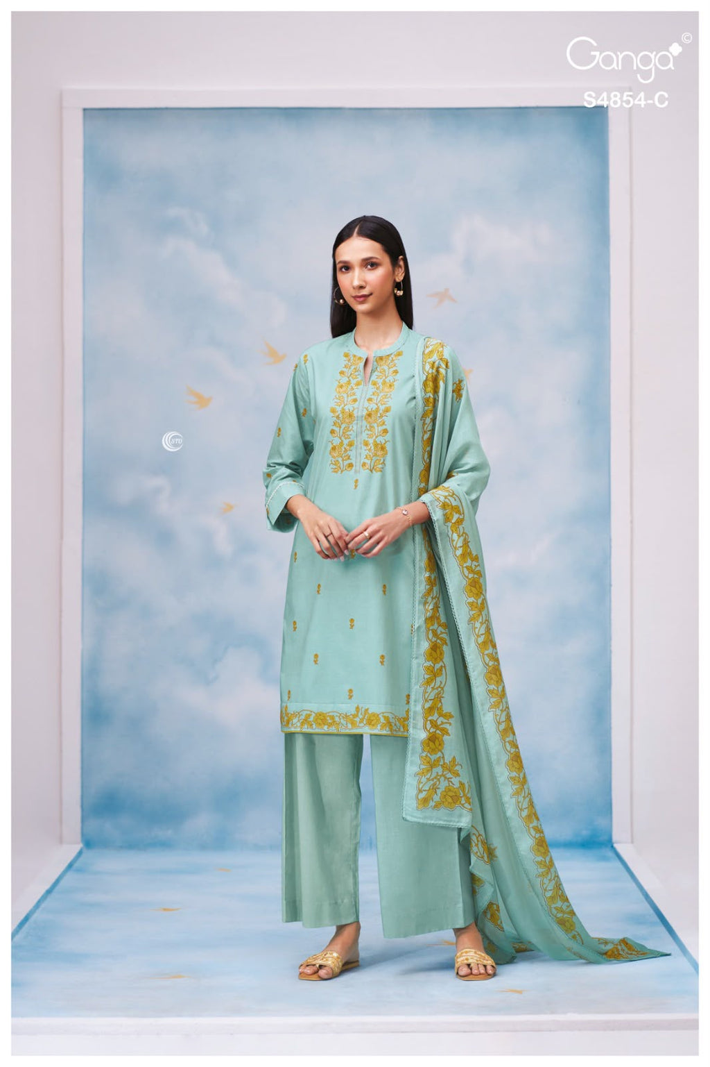 PURE COTTON PRINT WITH EMBROIDERY SUITS & PURE MASLIN SILK PRINT WITH CROCHET BORDER DUPATTA, COTTON BOTTOM.