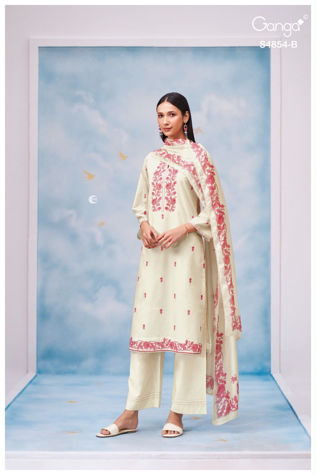 PURE COTTON PRINT WITH EMBROIDERY SUITS & PURE MASLIN SILK PRINT WITH CROCHET BORDER DUPATTA, COTTON BOTTOM.