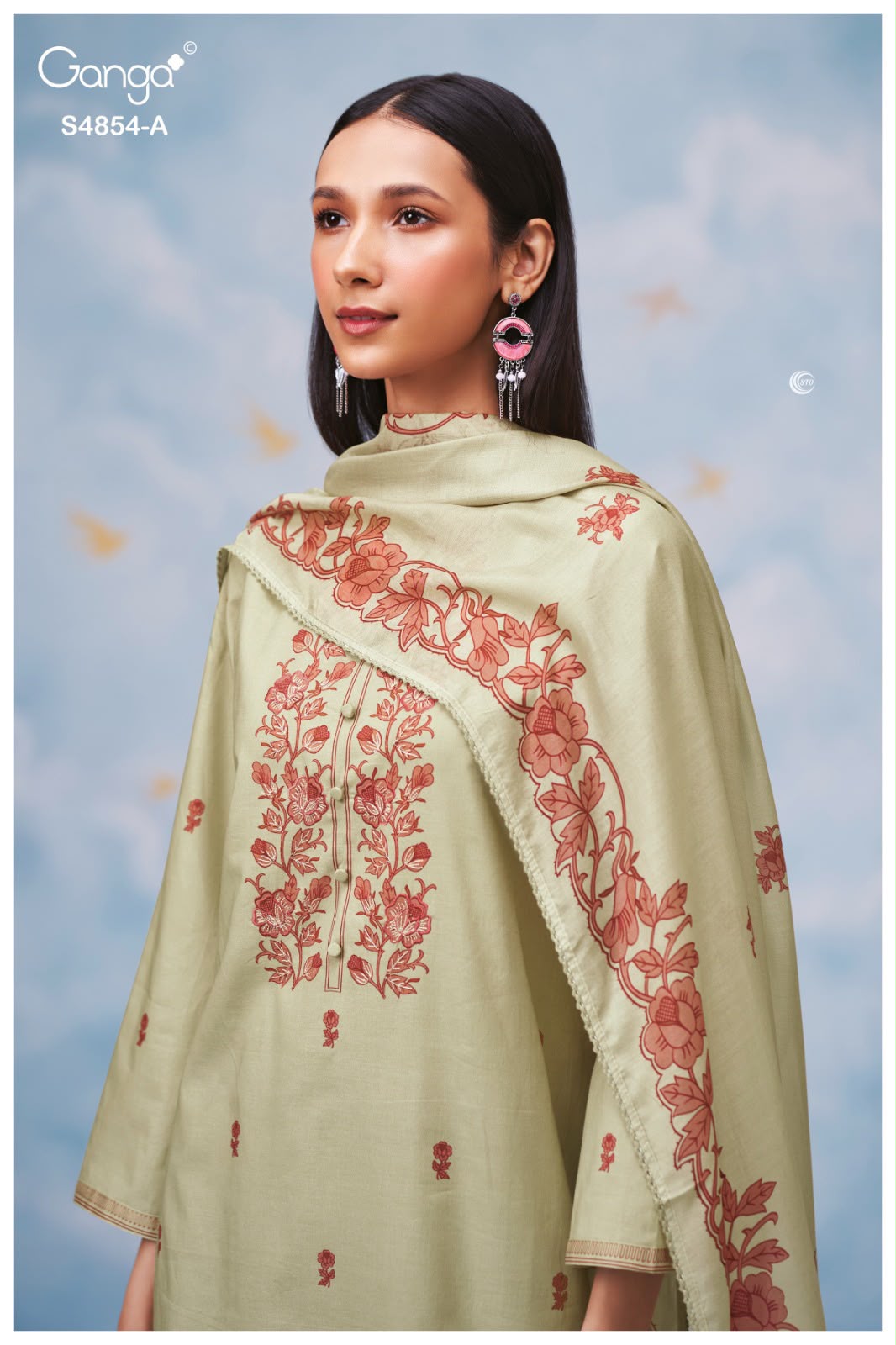 PURE COTTON PRINT WITH EMBROIDERY SUITS & PURE MASLIN SILK PRINT WITH CROCHET BORDER DUPATTA, COTTON BOTTOM.