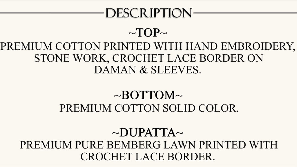 PURE COTTON PRINT WITH EMBROIDERY SUITS & PURE MASLIN SILK PRINT WITH CROCHET BORDER DUPATTA, COTTON BOTTOM.
