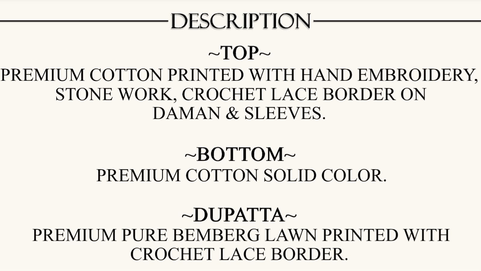 PURE COTTON PRINT WITH EMBROIDERY SUITS & PURE MASLIN SILK PRINT WITH CROCHET BORDER DUPATTA, COTTON BOTTOM.