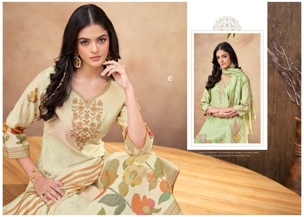 LINEN SILK PRINT WITH EMBROIDERY SUIT